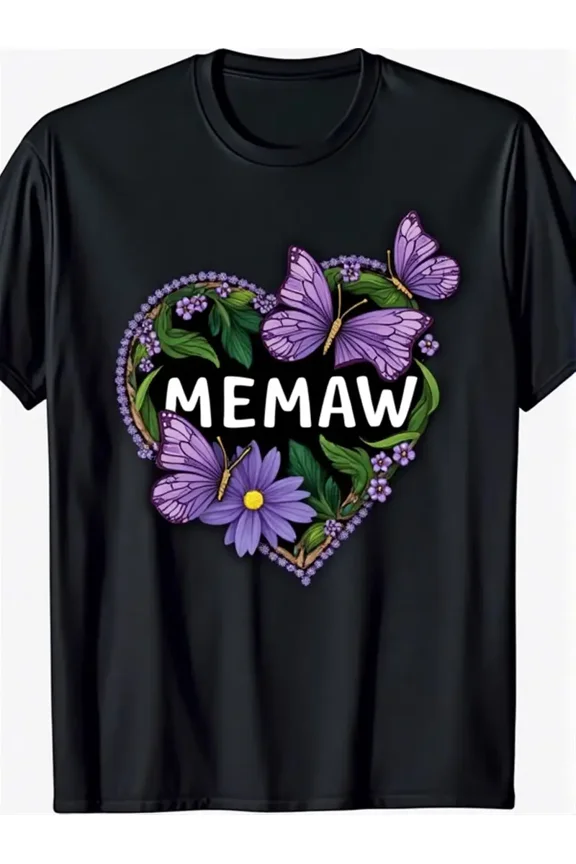 Women's Bold MEMAW Graphic T-Shirt - Floral Heart & Butterfly Design with Green Foliage - Black Cotton Short Sleeve Round Neck Tee - Comfortable Casual Fit for Grandma Gifts