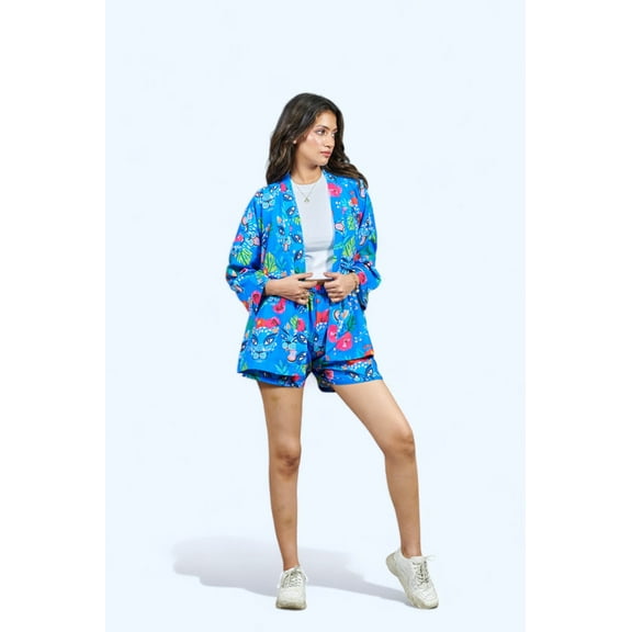 Women's Bold Printed Blazer and Shorts Set - Vibrant Blue with Artistic Designs