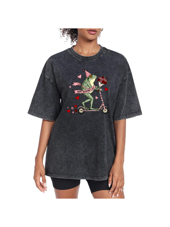 Women's Bold Statement "Happy Valentine's Day Frog On Scooter" Romantic Frog Graphic Washed Casual T Shirt Black S-2XL Plus Size