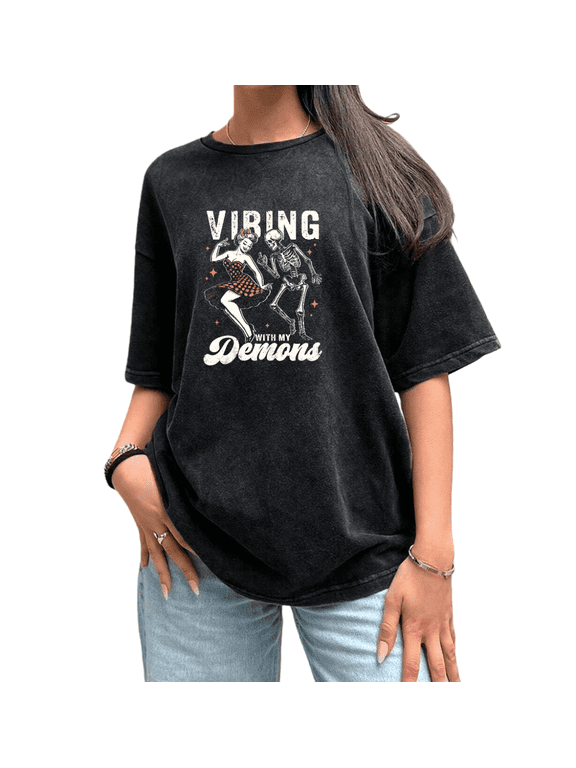 Women's Bold Statement Humor "Vibing With My Demons" Dancing Girl & Skeleton Graphic Washed T Shirt Black S-2XL Plus Size