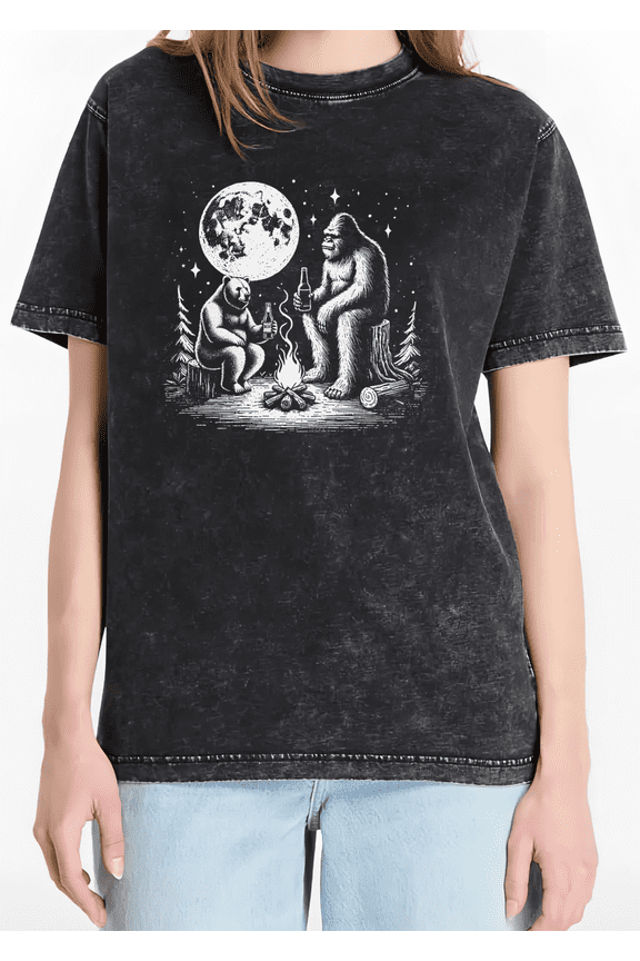 Women's Bold Statement Outdoor "Bigfoot & Bear Campfire Beer" Night Forest Graphic Washed T Shirt Cotton Black S-2XL Plus Size