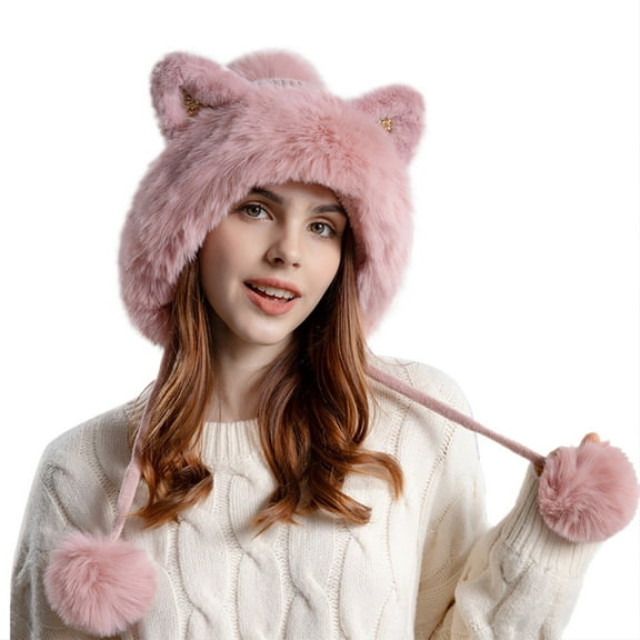 Women's Bomber Hats Cute Pullover Hat With Wool Thickening Hairball Solid Color Wool Knit Ear Protection Hat, Women's Accessories Bomber Hats
