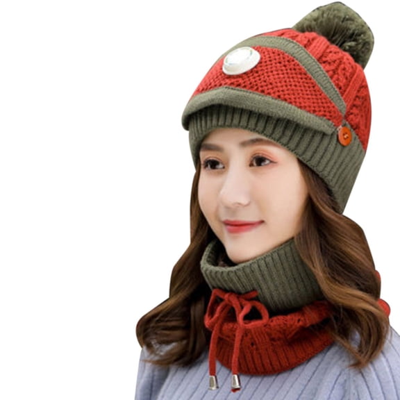 Women's Bomber Hats Winter Solid Color Wool Hat Thickened Warm Ear Cold Knitted Hat Glove Scarf Three Piece Set, Women's Accessories Bomber Hats