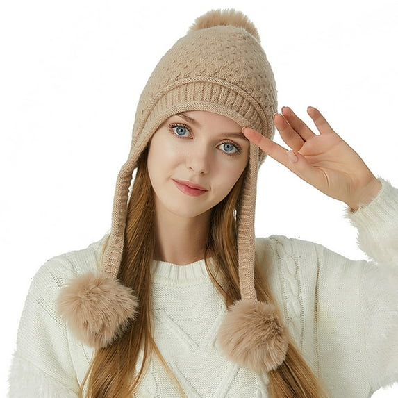 Women's Bomber Hats Womens Plaid Knit Hat Three Wool Ball Plus Plush Warm Wool Hat Fashion Casual Versatile Hat, Women's Accessories Bomber Hats M