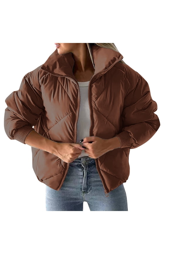 Women's Bomber Jacket 2024 Fashion Qulited Casual Cropped Coat Long Sleeve Zip up Winter Warm Padded Coat with Pockets