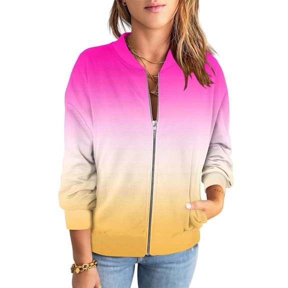 Women's Bomber Jacket Casual Gradient Zip Up Coat Fashion Color Block Lightweight Windbreaker Outerwear with Pockets