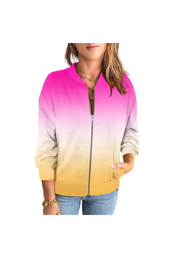 Women's Bomber Jacket Casual Gradient Zip Up Coat Fashion Color Block Lightweight Windbreaker Outerwear with Pockets