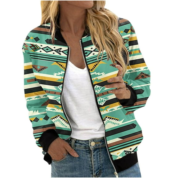 Women's Bomber Jacket Casual Printed Baseball Coat Long Sleeve Outerwear Windbreaker with Pockets Zip Up Cropped Sweatshirt (Green L)