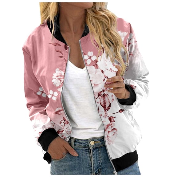 Women's Bomber Jacket Causal Floral Zip Up Long Sleeve Coat with Pockets 2025 Lightweight Loose Fall Fashion Outerwear Cardigan