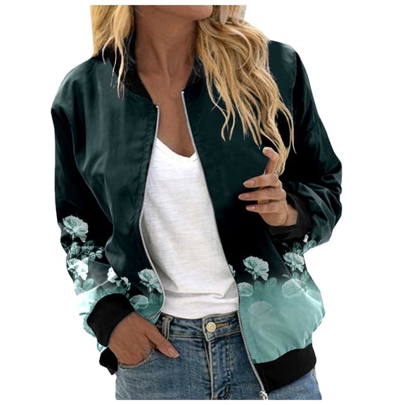 Women's Bomber Jacket Causal Floral Zip Up Long Sleeve Coat with Pockets 2025 Lightweight Loose Fall Fashion Outerwear Cardigan