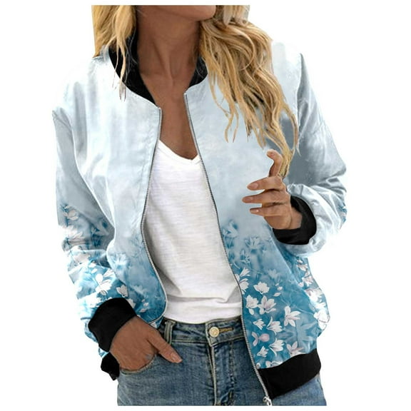 Women's Bomber Jacket Causal Floral Zip Up Long Sleeve Coat with Pockets 2025 Lightweight Loose Fall Fashion Outerwear Cardigan