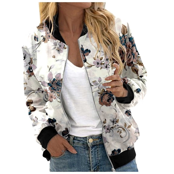 Women's Bomber Jacket Causal Floral Zip Up Long Sleeve Coat with Pockets 2025 Lightweight Loose Fall Fashion Outerwear Cardigan
