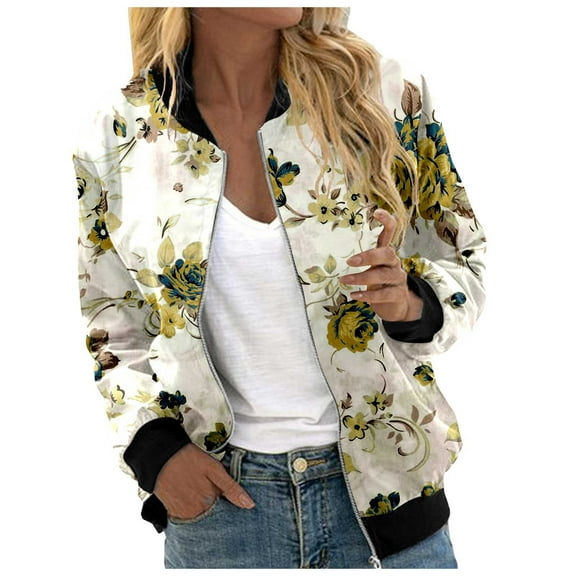 Women's Bomber Jacket Causal Floral Zip Up Long Sleeve Coat with Pockets 2025 Lightweight Loose Fall Fashion Outerwear Cardigan