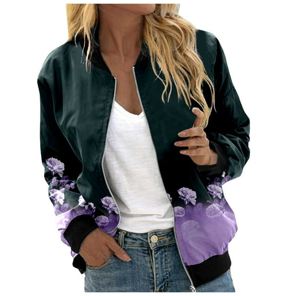 Women's Bomber Jacket Causal Floral Zip Up Long Sleeve Coat with Pockets 2025 Lightweight Loose Fall Fashion Outerwear Cardigan