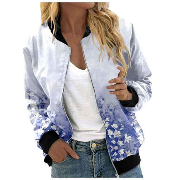 Women's Bomber Jacket Causal Floral Zip Up Long Sleeve Coat with Pockets 2025 Lightweight Loose Fall Fashion Outerwear Cardigan