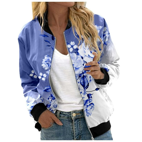 Women's Bomber Jacket Causal Floral Zip Up Long Sleeve Coat with Pockets 2025 Lightweight Loose Fall Fashion Outerwear Cardigan