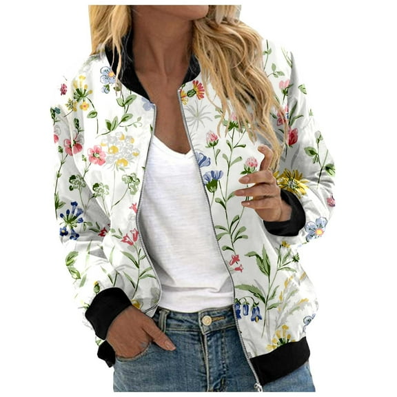 Women's Bomber Jacket Causal Floral Zip Up Long Sleeve Coat with Pockets 2025 Lightweight Loose Fall Fashion Outerwear Cardigan