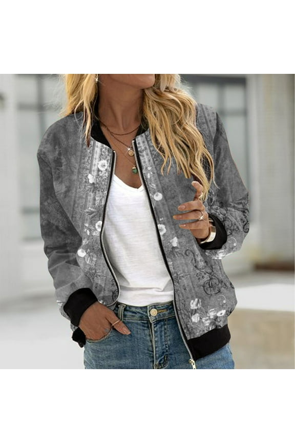 Women's Bomber Jacket Long Sleeve Casual Coat Zipper Floral Print Outwear Tops Windbreaker Women's Casual Floral Zip Up Jacket Coat Lightweight Short Camo No Lining Light Jackets