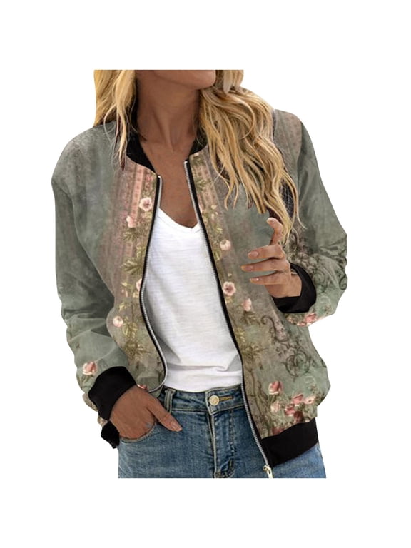 Women's Bomber Jacket Satin Long Sleeve Floral Coat with Pocket | Floral Print, Zip Up, Long Sleeve Jacket, Casual Fall Winter Outerwear, Baseball Collar