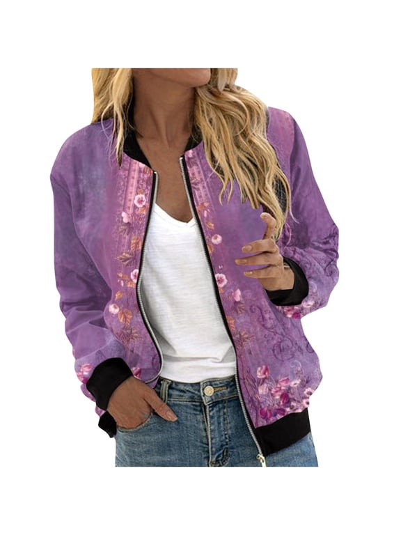 Women's Bomber Jacket Satin Long Sleeve Floral Coat with Pocket | Floral Print, Zip Up, Long Sleeve Jacket, Casual Fall Winter Outerwear, Baseball Collar