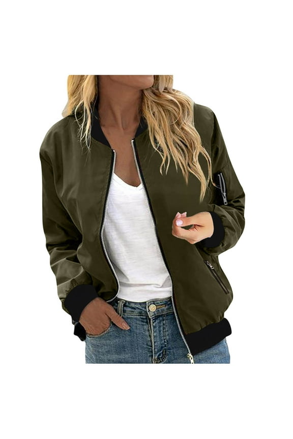 Women's Bomber Jackets Casual Zip Up Coat Crew Neck Long Sleeve Outerwear Windbreaker with Pockets Lightweight Bomber Coats Classic Fall Fashion Clothing