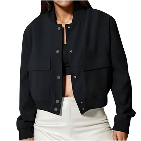 Women's Bomber Jackets Lightweight Fall Long Sleeve Cropped Button Down Casual Coat with Pockets Outerwear (Navy XL)