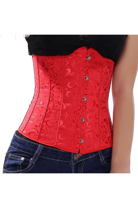 Women's Boned Corset, Jacquard Pattern Waist Training Shapewear, Vintage Style Tight Lacing Underbust Corset for Special Occasions and Body Shaping-Red