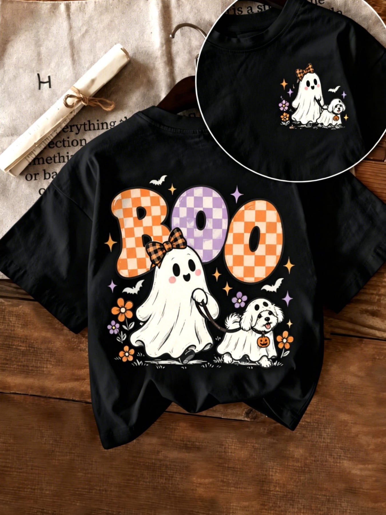 Waman Boo Women's Boo Ghost Dog Leash Halloween Print Short Sleeve T-Shirt, Crew ...