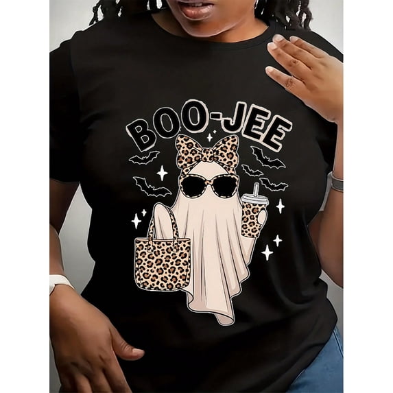 Women’s Boo-Jee Leopard Ghost Graphic T-Shirt, Cute Bougie Ghost With Coffee Bag Bow Sunglasses Print Crew Neck Short Sleeve Tee, Soft Cotton Funny Girly Fall Halloween Casual Top