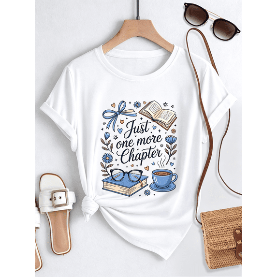 Women's Book Lover Just One More Chapter Graphic T‑Shirt Reading Coffee Casual Short Sleeve Tee