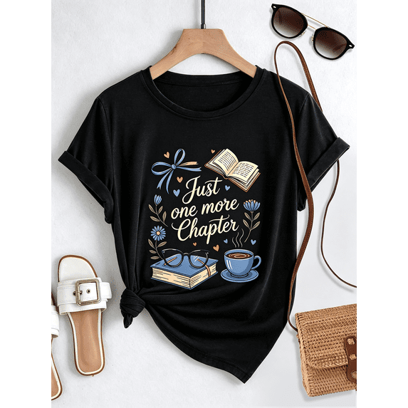Women's Book Lover Just One More Chapter Graphic T‑Shirt Reading Coffee Casual Short Sleeve Tee