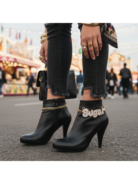 Womens Boot Chain Bracelet Set Western Sheriff Star Charm Silver Metal 2PCS Shoe Jewelry Adjustable Biker Cowgirl Style Boot Anklet Wrap Rodeo Bling BC5