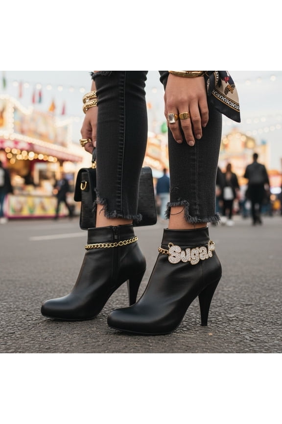 Womens Boot Chain Bracelet Set Western Sheriff Star Charm Silver Metal 2PCS Shoe Jewelry Adjustable Biker Cowgirl Style Boot Anklet Wrap Rodeo Bling BC5