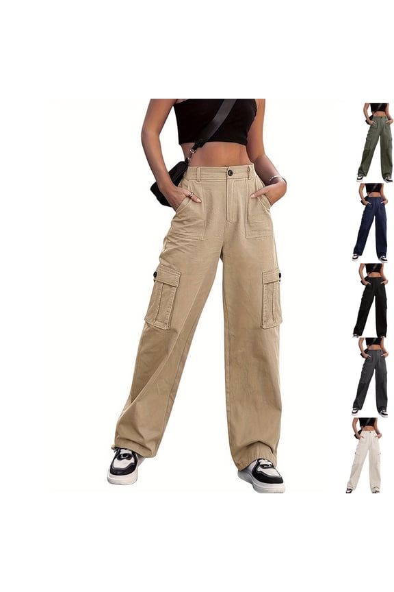 Women's Bootcut Dress Pants Pockets Fashion Women Casual High Waist Loose Pocket Straight Solid Long Pants Full Length Cargo Pants White M