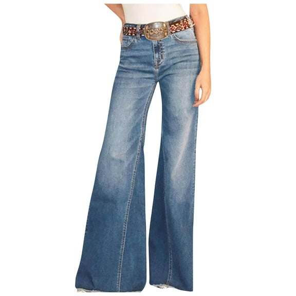 Women's Bootcut Jeans Fashion High Waist Wash Wide Leg Color Trousers Blue L