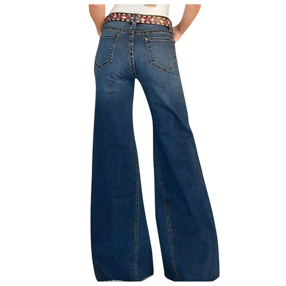 Women's Bootcut Jeans Fashion High Waist Wash Wide Leg Color Trousers Dark Blue XL