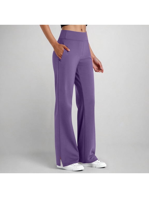 Women's Bootcut Yoga Dress Pants Business Casual Wide Leg Office Slacks Split Hem Workout Flare Leggings with Pockets(Purple,XXL)