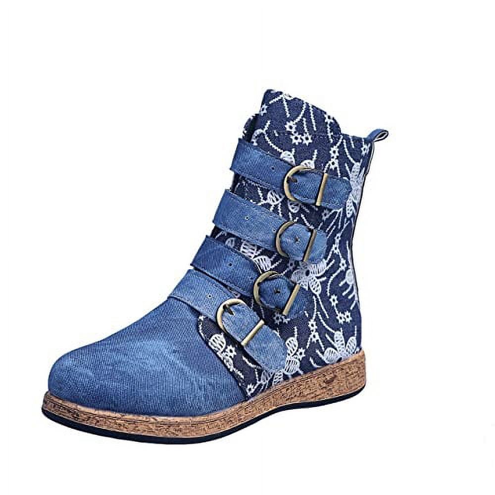 Women s Boots Boho Vintage Denim Flower Design Round Toe Hidden Heels Wedge Low Heels Ankle Booties Bohemian Casual Winter Fall Dress Short Boots For Women Travel Walmart