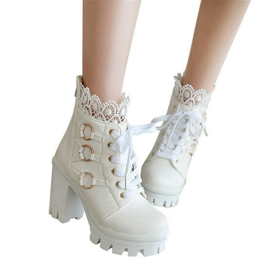 Women's Boots Chunky Block Heel Platform Lug Sole Ankle Booties Biker Boots Lace up Motorcycle Fashion Festival Boots Combat Riding Military Boots for Women White 8
