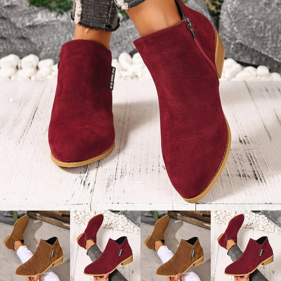 Women's Boots Chunky Heel Pointy Toe Side Zipper Ankle Boots Women Trendy Casual Outdoor Dressy Winter Warm Shoes Brown 7