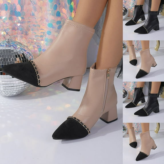 Women's Boots Chunky High Heel Pointy Toe Ankle Short Boots Women Trendy Casual Outdoor Dressy Winter Velvet Warm Shoes Khaki 5.5