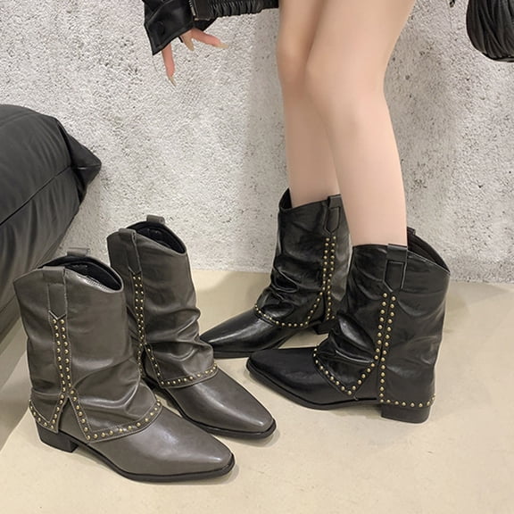 Women's Boots Chunky Low Heel Pointy Toe Ankle Booties Women Trendy Casual Outdoor Dressy Winter Warm Shoes Gray 6