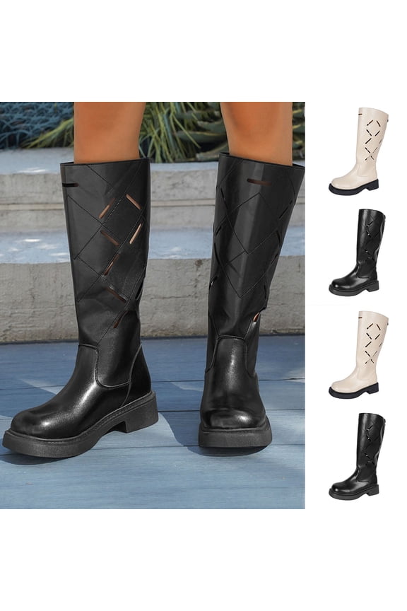 Women's Boots Chunky Low Heel Round Toe Knee High Boots with Side Zipper Comfortable Vintage Warm Booties Womens Shoes Girls Ladies BootsWhite 6