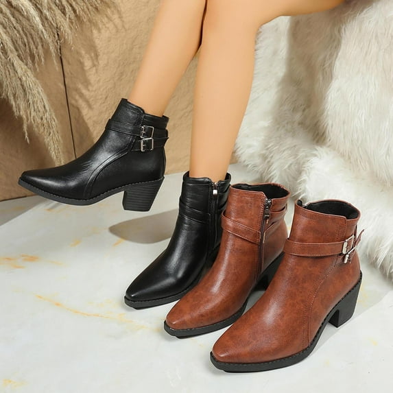 Women's Boots Chunky Mid Heel Pointy Toe Side Zipper Ankle Booties Casual Winter Warm Short Boots Solid Color Winter Shoes for Women Brown 6.5