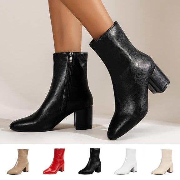 Women's Boots Chunky Mid Heel Pointy Toe Side Zipper Mid Calf Booties Casual Winter Warm Short Boots Comfortable Winter Shoe for Women's Trendy Beige 7