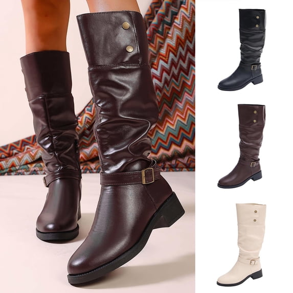 Women's Boots Knee Length Chunky Heel Round Toe Side Zipper Winter Lace-Up Thick Heel Tall Boots Comfortable Wide Calf Boots for Walking Casual