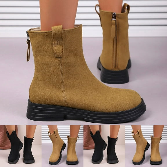 Women's Boots Low Chunky Heel Round Toe Ankle Short Boots Zip-up Fashion Casual Versatile Warm Fall Winter Shoes for Women Black 9