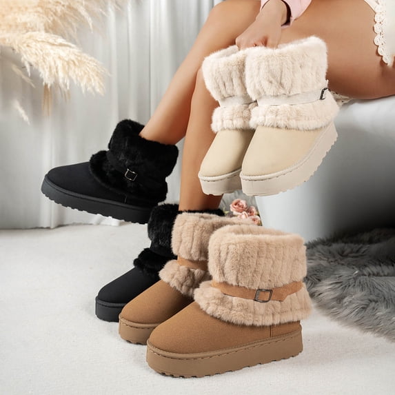 Women's Boots Mid Calf Non-Slip Thick Soled Flatform Round Toe Thick Velvet Winter Short Boots Casual Comfortable Warm Boots for Outdoor Walking
