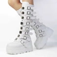 thumbnail image 1 of Women's Boots Plus Size Round Toe Mid Calf Fall Winter Buckle Strap Mid Block Heel Stretchy Knit Upper Soft Padded Insole Fashion Boots for Daily Shopping Outdoor Outings, 1 of 6