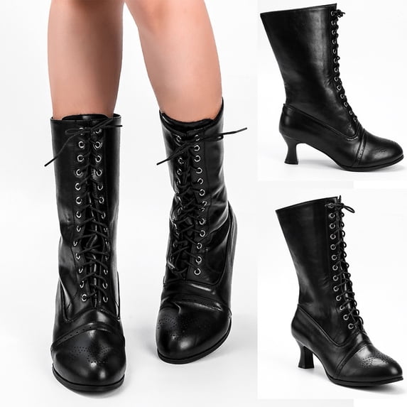 Women Vintage Victorian Boots 70s Lace up Ankle Boots Mid Heel Witch Granny Booties Mid-Calf Costume Shoes Retro Cone Heel Side Zipper Almond Toe
